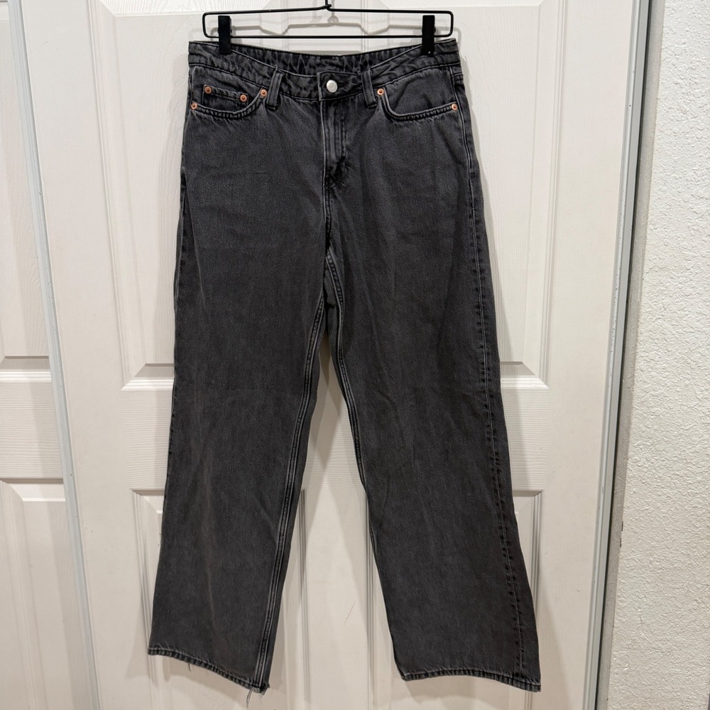 Weekday Ample High Waist Wide Leg Jeans Washed Black Frayed Hem 28